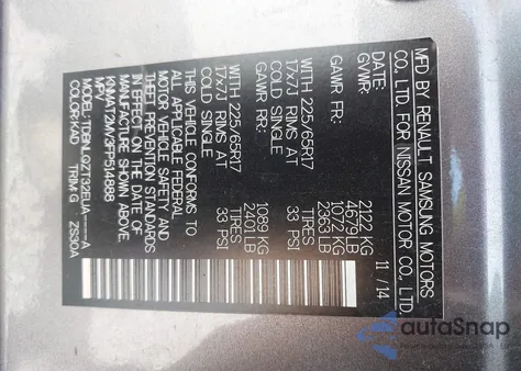 2015 Nissan Rogue Sv from USA, damaged, VIN KNMAT2MV3FP514888